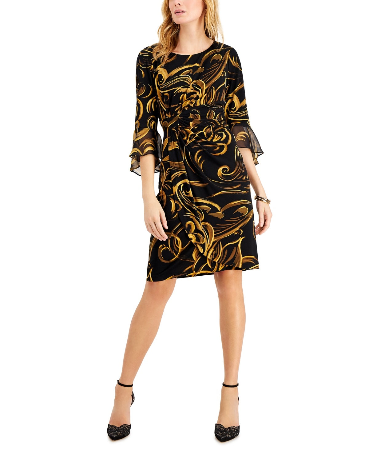 Vestido tubinho com mangas e babados feminino Connected amarelo tamanho 10 Petite