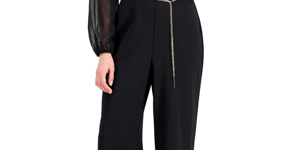 Macacão feminino Connected com cinto de corrente e manga transparente, preto, tamanho 14