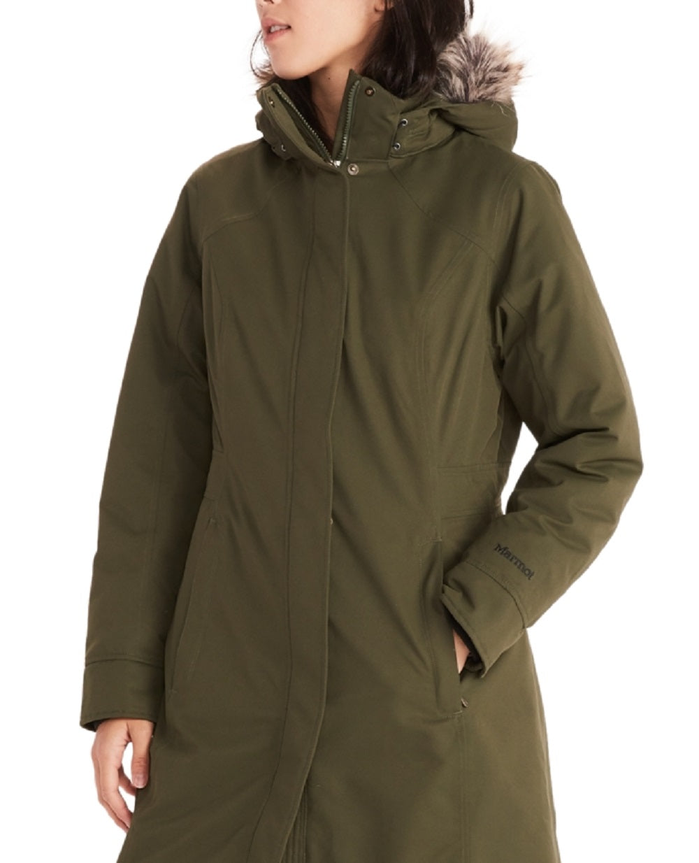 Casaco Chelsea com capuz e acabamento em pele sintética Marmot feminino, verde, tamanho pequeno