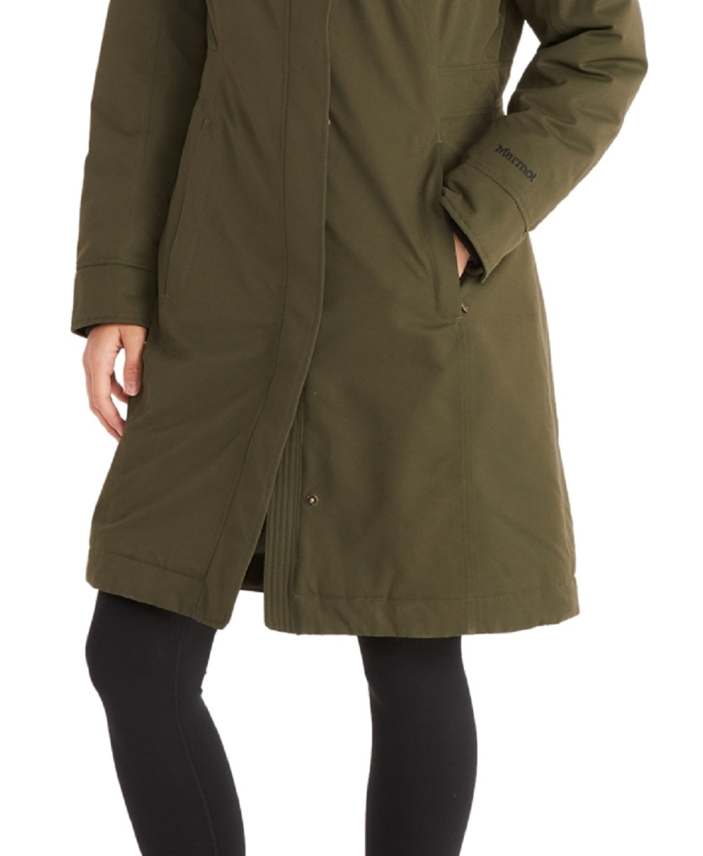 Casaco Chelsea com capuz e acabamento em pele sintética Marmot feminino, verde, tamanho pequeno