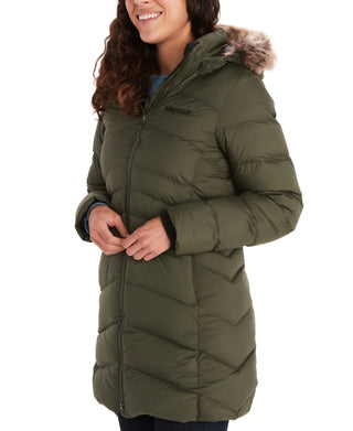 Casaco feminino Marmot Montreal com capuz e acabamento em pele sintética, verde, tamanho pequeno