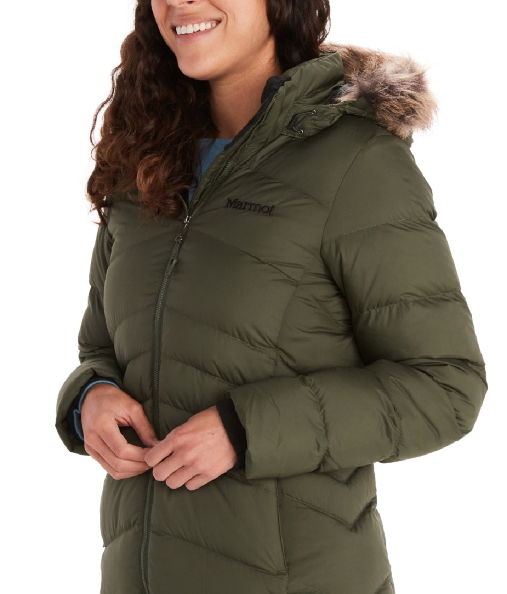 Casaco com capuz e acabamento em pele sintética Marmot Montreal feminino, verde, tamanho grande