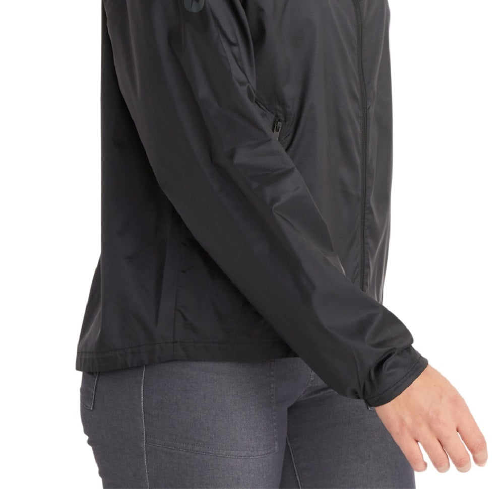Jaqueta com capuz Marmot feminina, com zíper, bolsos, repelente à água, bainha caída, mangas compridas, tamanho grande, preta