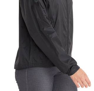 Jaqueta com capuz Marmot feminina, com zíper, bolsos, repelente à água, bainha caída, mangas compridas, tamanho grande, preta