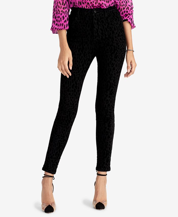 Calça jeans skinny feminina Rachel Roy com estampa animal e veludo, preta, tamanho 32