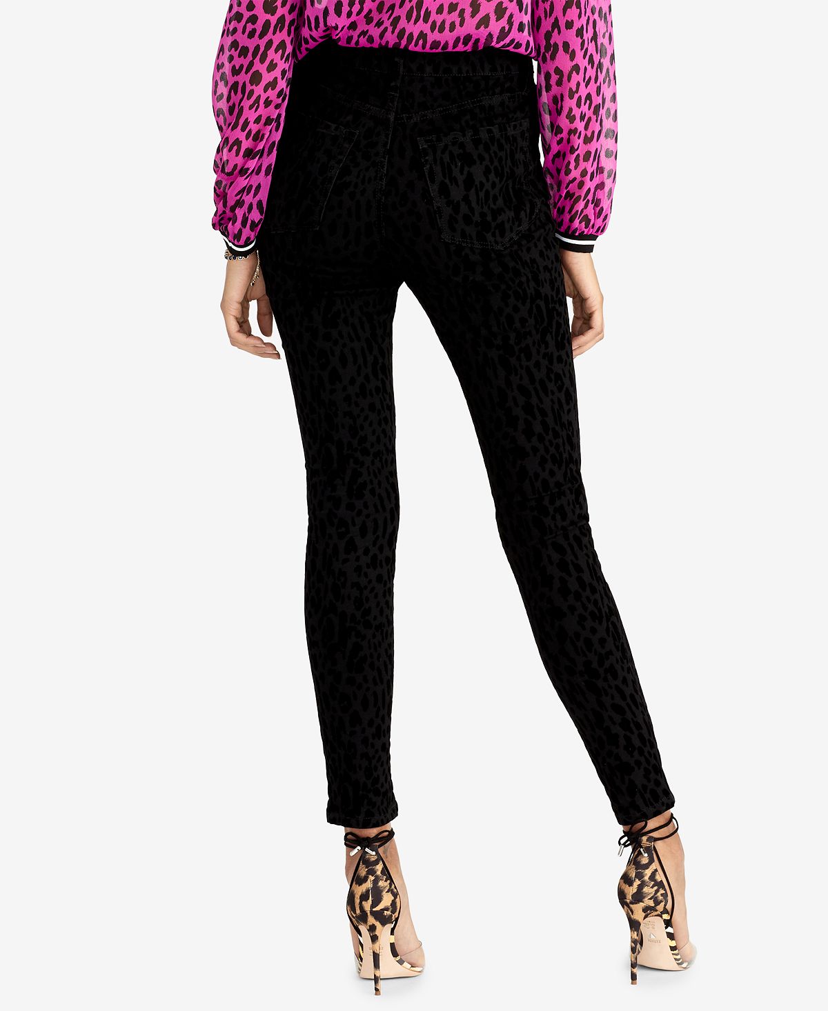 Calça jeans skinny feminina Rachel Roy com estampa animal e veludo, preta, tamanho 32