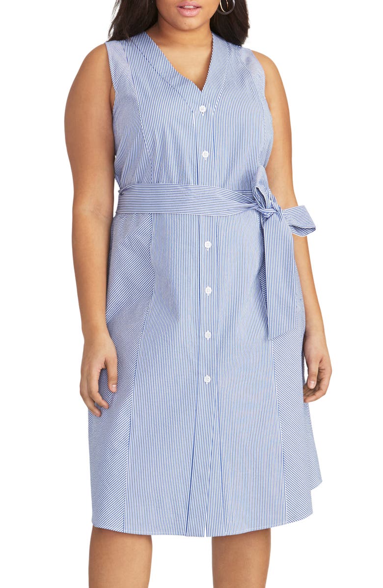 Vestido-camisa listrado Sabrina plus size Rachel Rachel Roy feminino, tamanho 22, azul, comprimento até o joelho