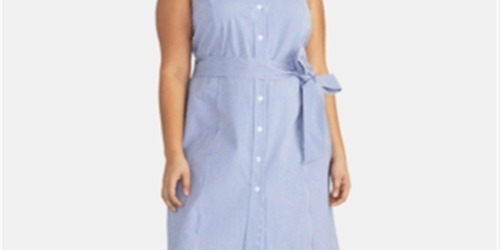 Vestido-camisa listrado Sabrina plus size Rachel Rachel Roy feminino, tamanho 22, azul, comprimento até o joelho