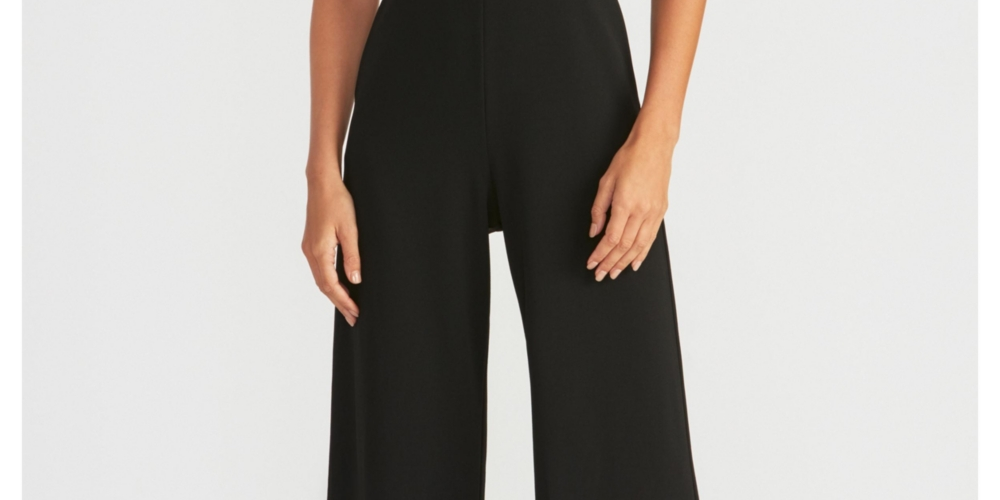 Macacão feminino Rachel Roy com babados, sem mangas, decote em V, perna reta, preto, tamanho médio