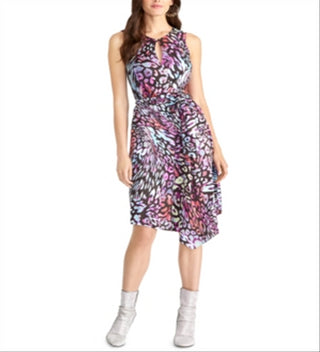 Vestido de coquetel feminino Rachel Roy Hani de cetim com estampa animal, preto, tamanho 0