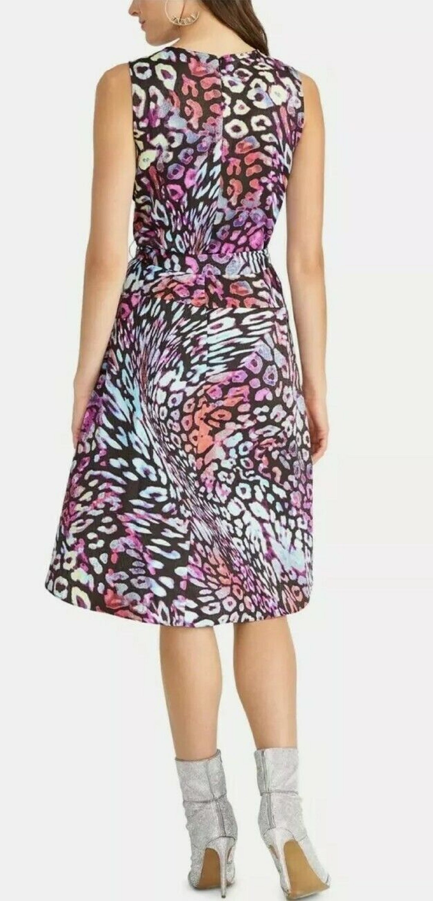 Vestido de coquetel feminino Rachel Roy Hani de cetim com estampa animal, preto, tamanho 0
