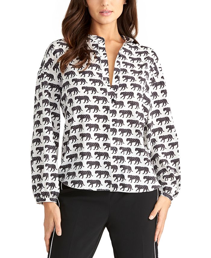 Blusa feminina com estampa de leopardo e botões RACHEL Rachel Roy, preta, tamanho pequeno