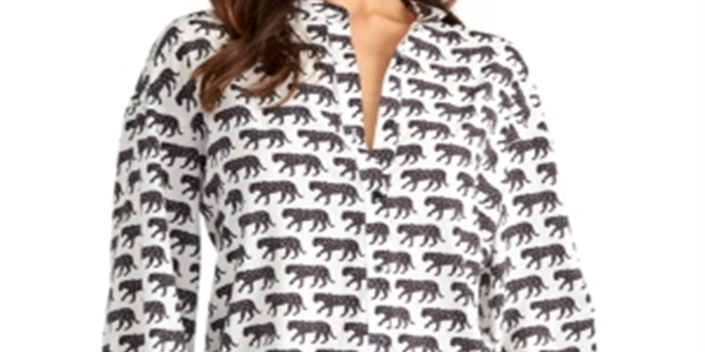 Blusa feminina com estampa de leopardo e botões RACHEL Rachel Roy, preta, tamanho pequeno