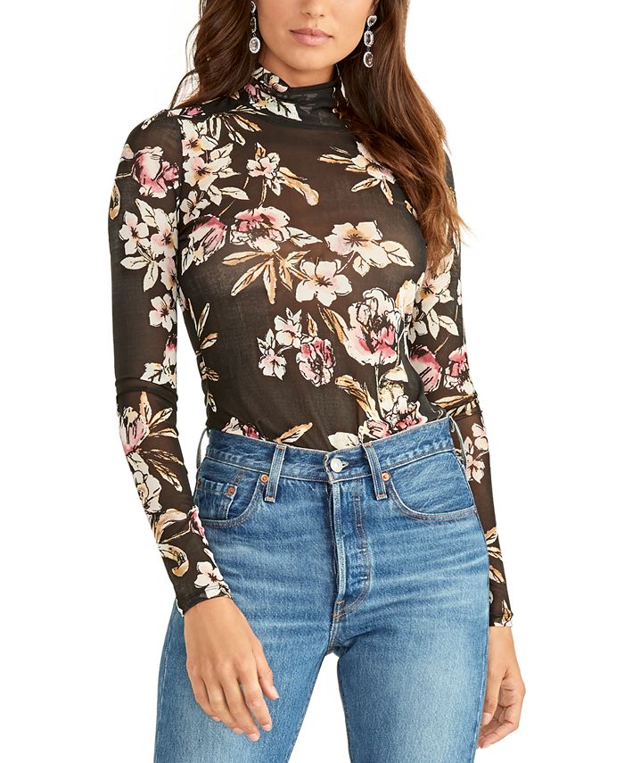 Blusa feminina Rachel Roy com estampa floral e gola alta, preta, tamanho pequeno