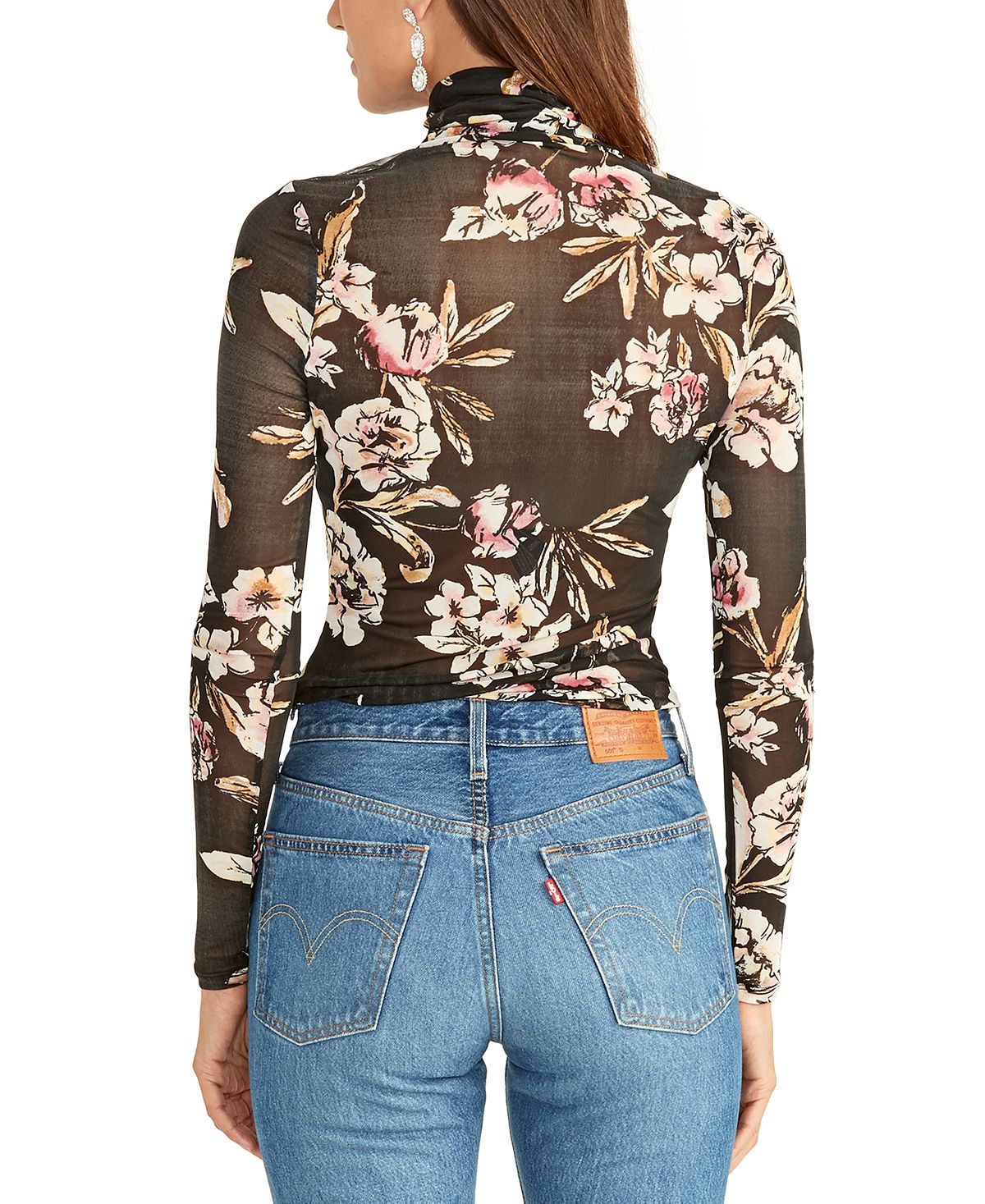 Blusa feminina Rachel Roy com estampa floral e gola alta, preta, tamanho pequeno