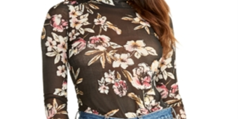 Blusa feminina Rachel Roy com estampa floral e gola alta, preta, tamanho pequeno