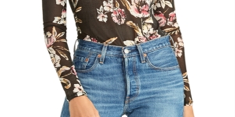 Blusa feminina Rachel Roy com estampa floral e gola alta, preta, tamanho pequeno
