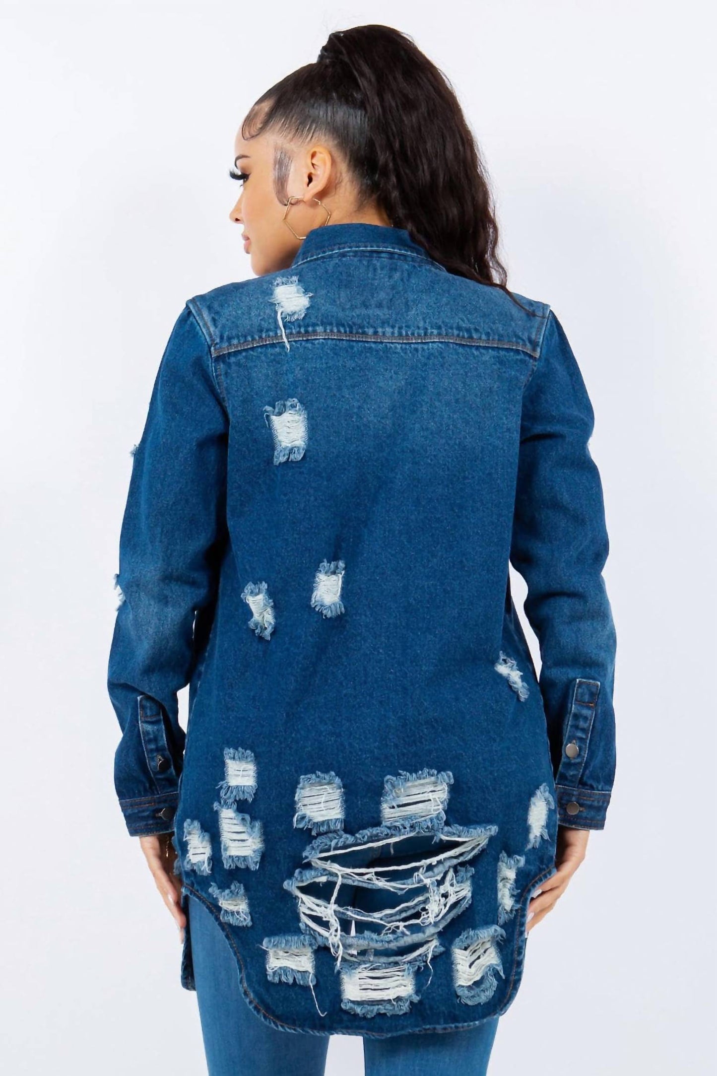 American Bazi - Distressed Button Up Long Sleeve Denim Jacket