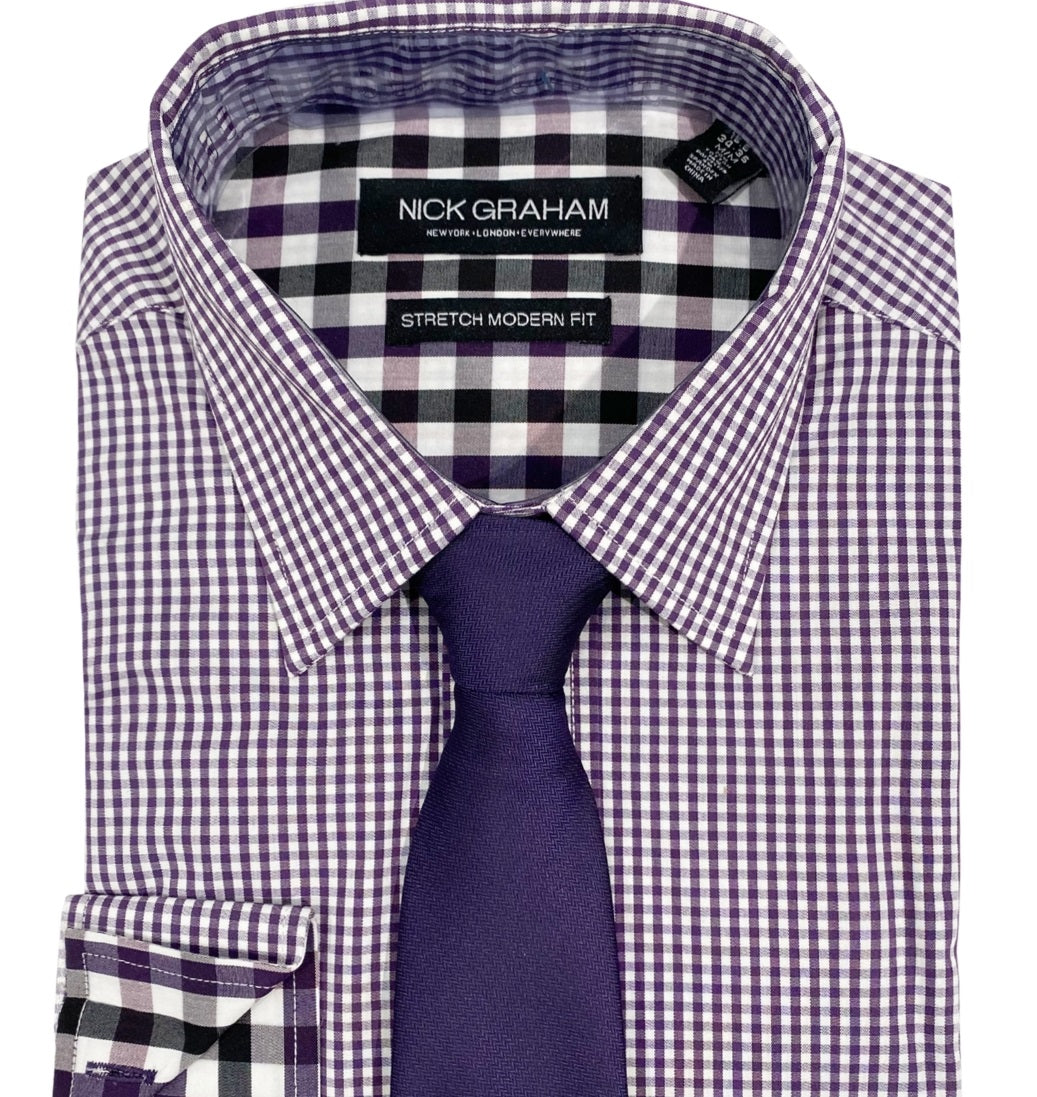 Camisa social masculina Nick Graham Modern Fit e gravata roxa tamanho 15x34x35