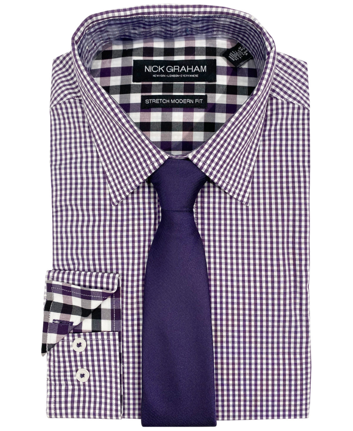 Camisa social masculina Nick Graham Modern Fit e gravata roxa tamanho 15x34x35