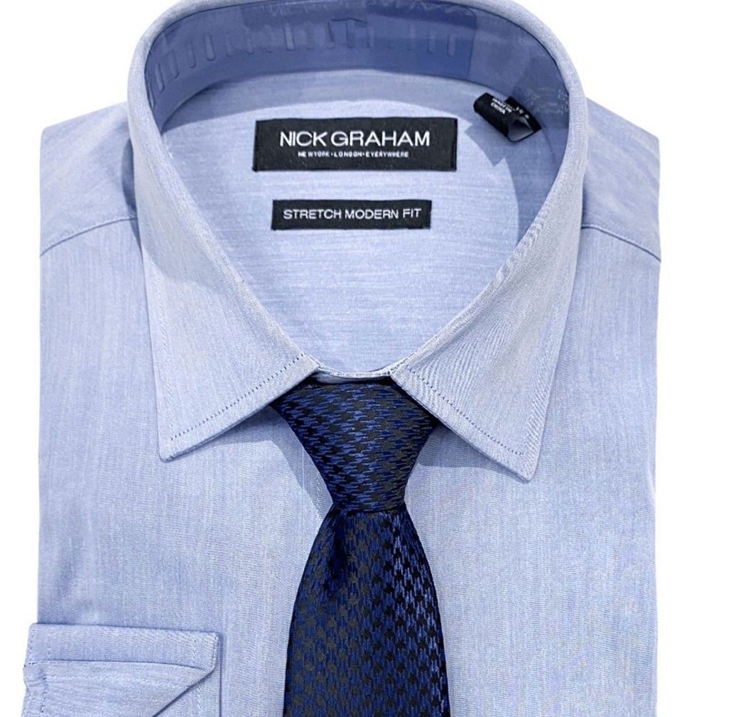 Conjunto de camisa social e gravata Nick Graham Slim Fit Chambray Masculino Azul Tamanho 32X33