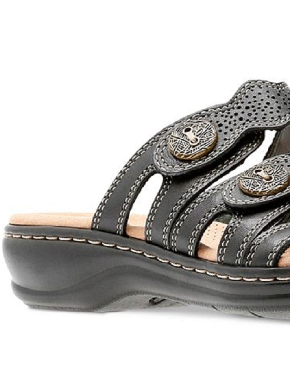 Sandália feminina Clarks Leisa Grace com tira tripla e detalhes em couro, preta, tamanho 9 M