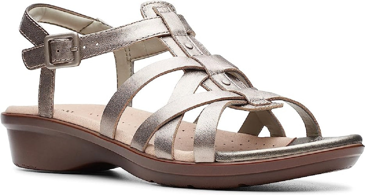 Sandália Clarks Feminina Pewter Metallic Loomis Katey Couro Cinza Tamanho 8,5 M