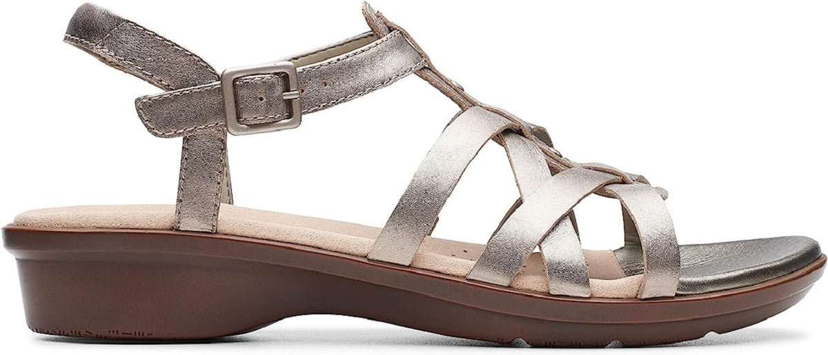 Sandália Clarks Feminina Pewter Metallic Loomis Katey Couro Cinza Tamanho 8,5 M