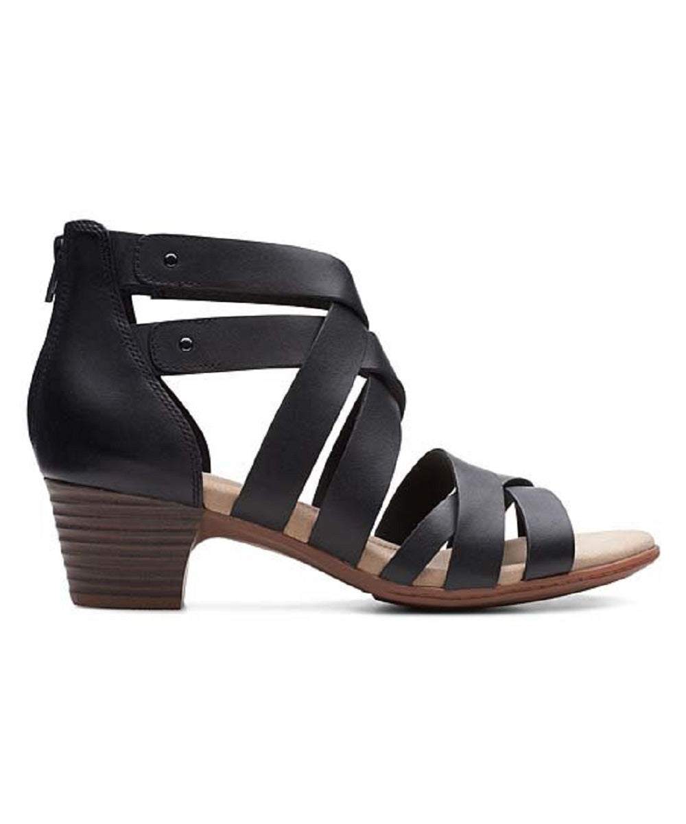 Clarks Sandálias Femininas de Couro com Tiras Cruzadas e Tiras Valarie Dream, Bico Redondo, Salto Bloco e Zíper, Pretas, 6,5 M