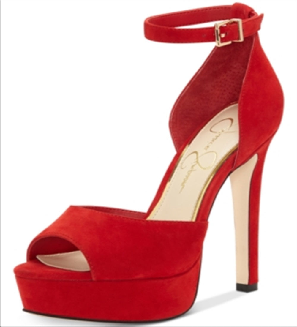 Jessica Simpson Sandálias Femininas Beeya de Couro Peep Toe Casual com Tira no Tornozelo Vermelhas Tamanho 9,5