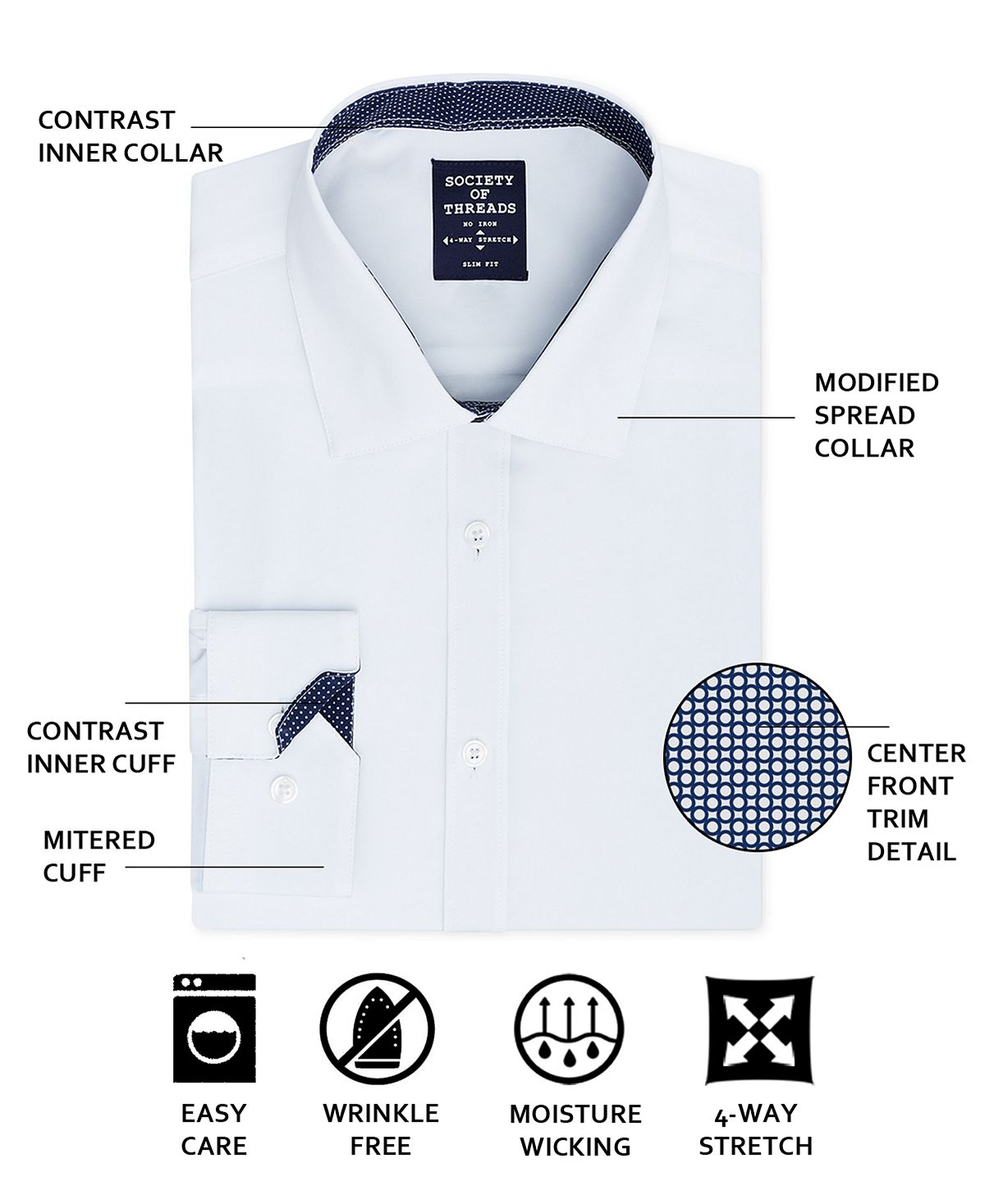 Camisa social masculina slim fit stretch sólida, tamanho pequeno, branca, da Society Of Threads