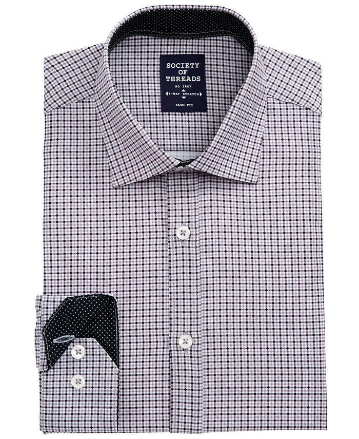 Camisa social masculina com corte slim fit e estampa xadrez elástica, tamanho pequeno, preta, da Society of Threads