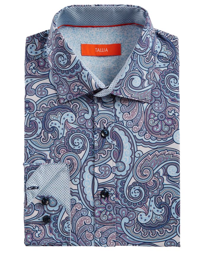 Camisa social masculina Tallia Slim Fit, sem passar a ferro, com estampa paisley elástica, tamanho pequeno, azul