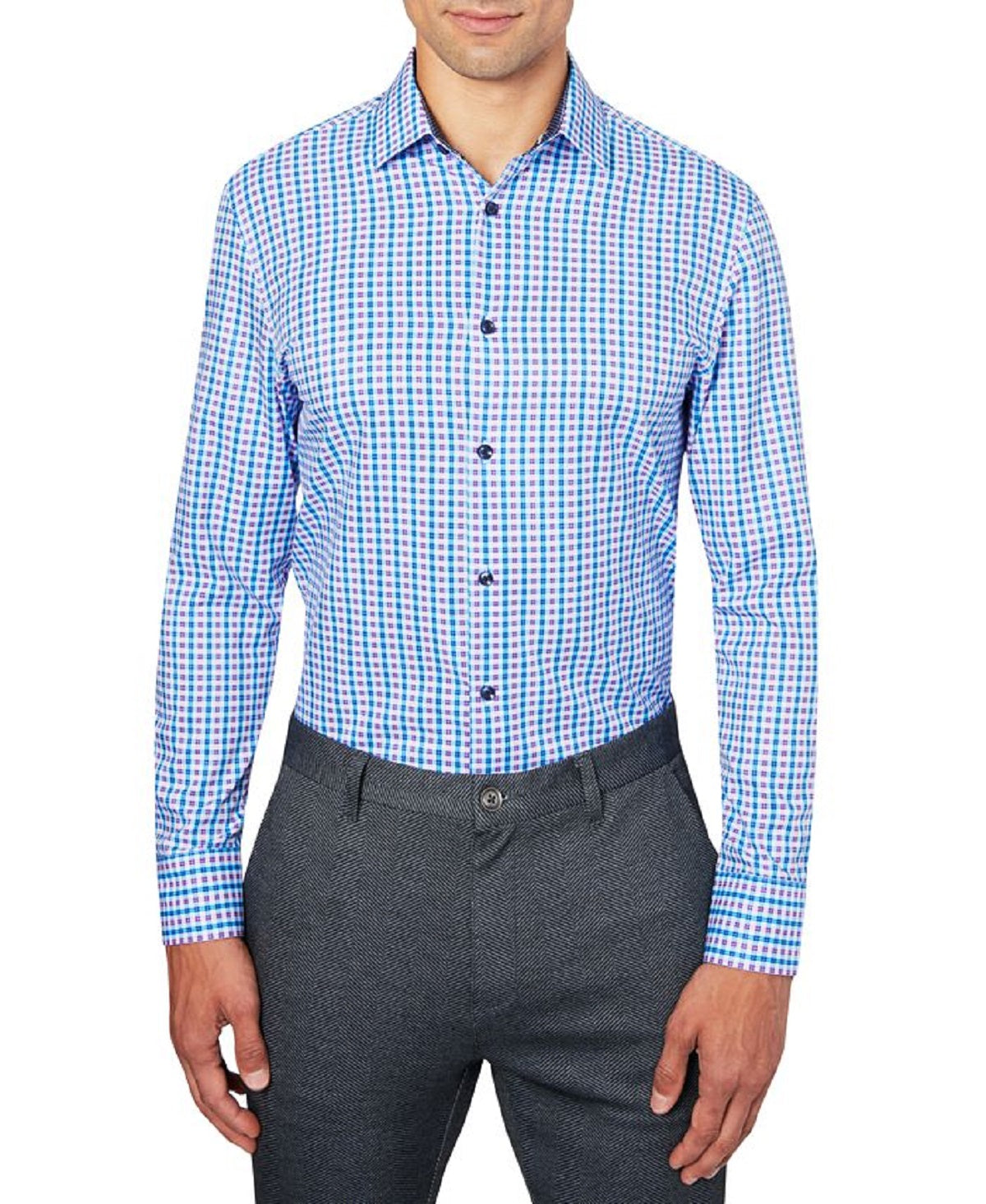 Camisa social masculina xadrez slim fit, azul, tamanho médio, da Construct