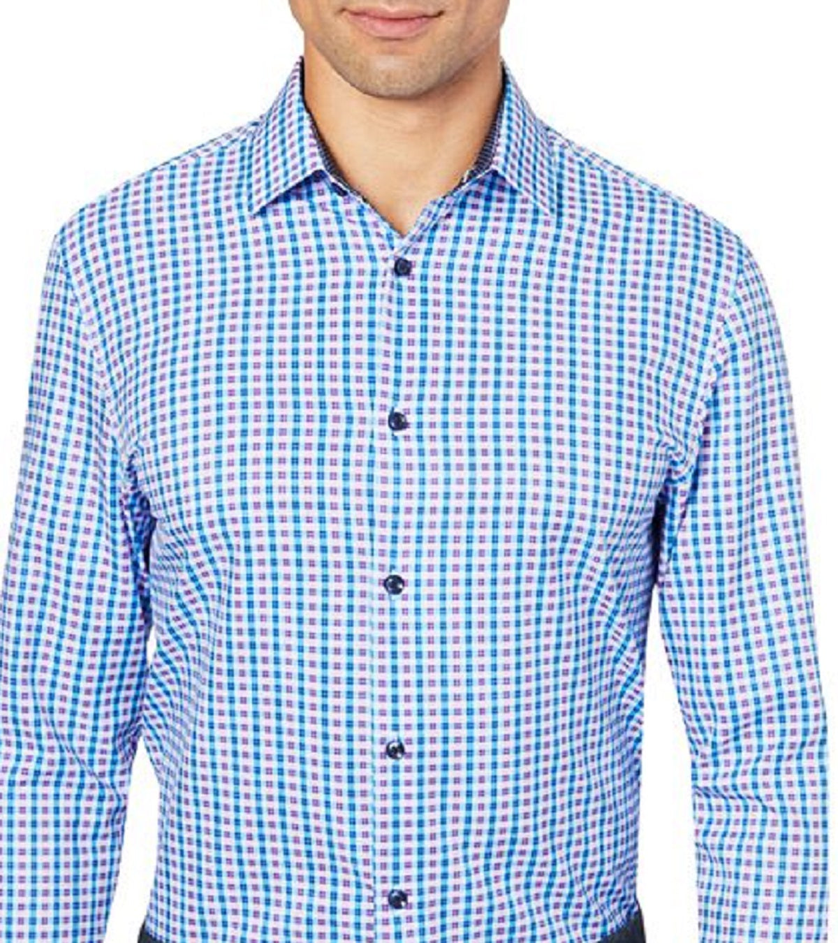 Camisa social masculina xadrez slim fit, azul, tamanho médio, da Construct