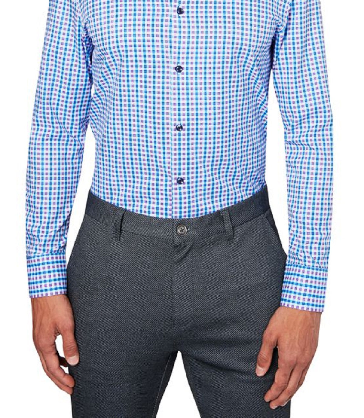 Camisa social masculina xadrez slim fit, azul, tamanho médio, da Construct