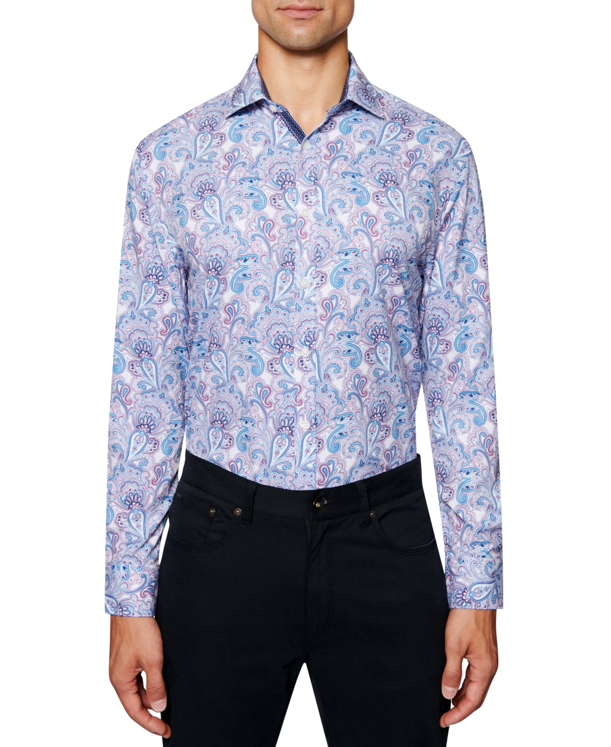 Camisa social masculina com estampa paisley e corte slim da Society Of Threads, tamanho médio, azul