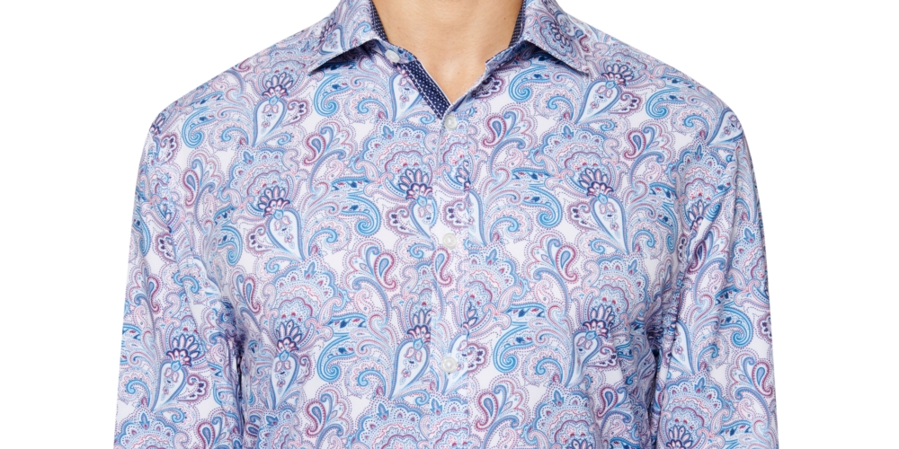 Camisa social masculina com estampa paisley e corte slim da Society Of Threads, tamanho médio, azul