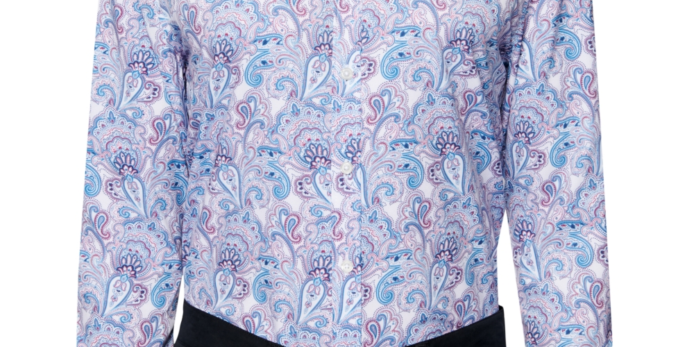 Camisa social masculina com estampa paisley e corte slim da Society Of Threads, tamanho médio, azul