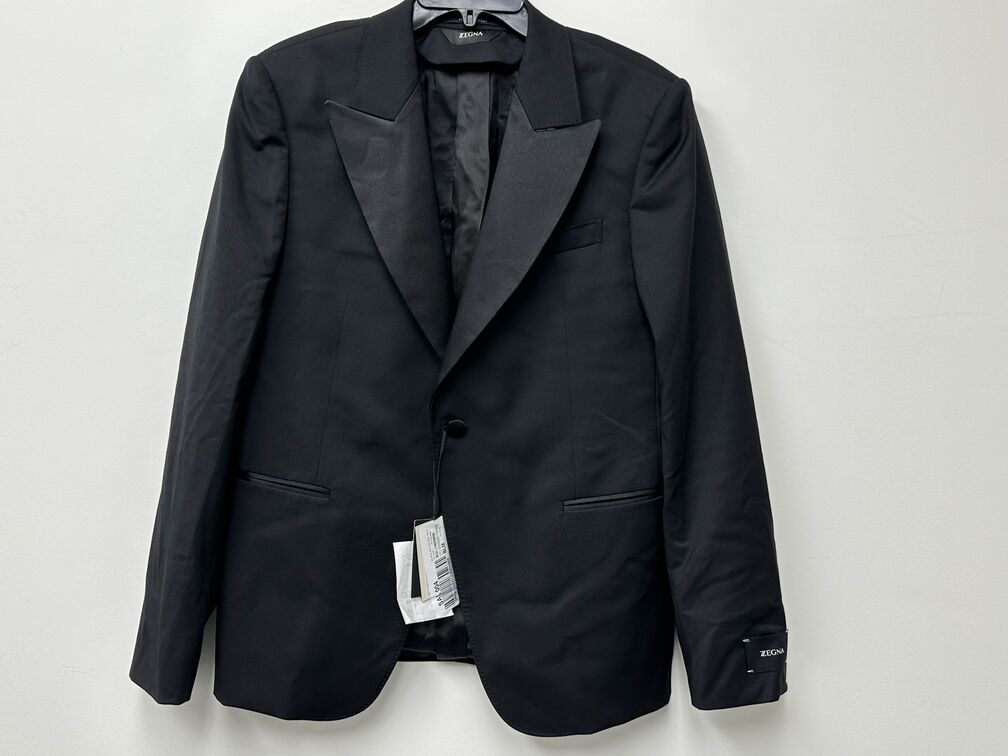 Jaqueta de smoking masculina Z Zegna Trim Fit de lã e mohair, preta, tamanho 52L IT / 42L EUA