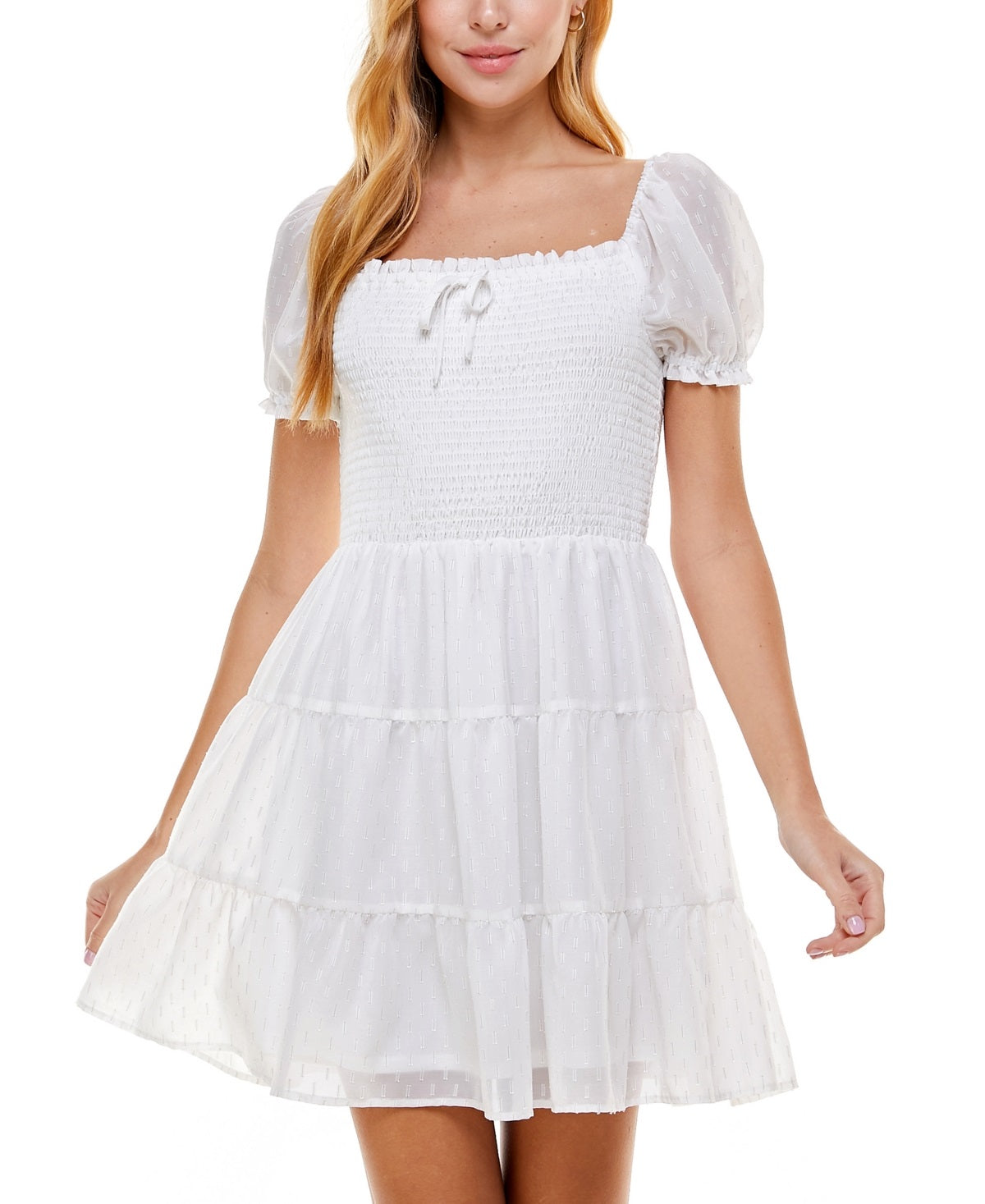 Vestido Crystal Doll Junior's Clip Dot Smocked Branco Tamanho Médio