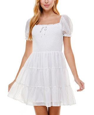 Crystal Doll Junior's Clip Dot Smocked Dress White Size Medium