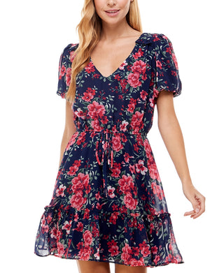 Crystal Doll Junior's Floral Print Fit & Flare Dress Blue Size XX-Large
