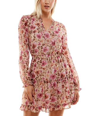 Crystal Doll Junior's Printed Long Sleeve Fit & Flare Dress Brown Size XL