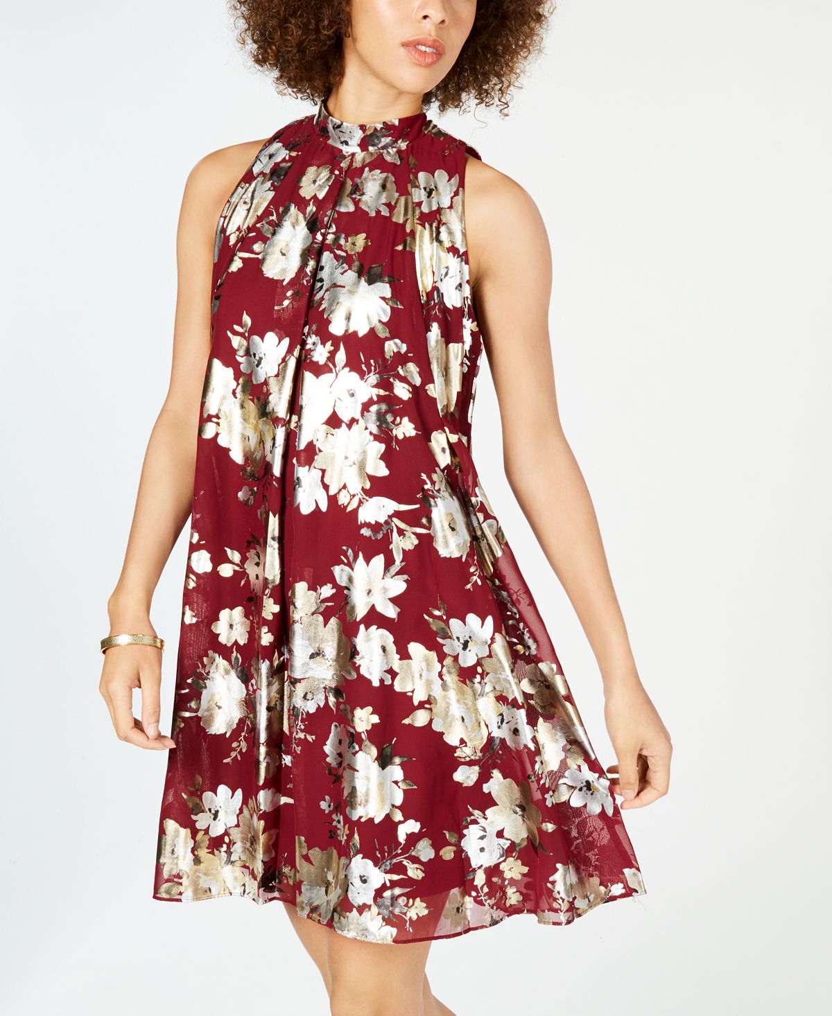 Robbie Bee Vestido curto sem mangas com estampa floral metálica e trapézio feminino, tamanho 6, vermelho