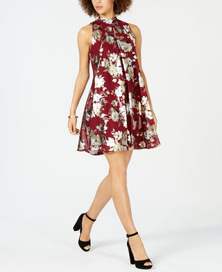 Vestido feminino Robbie Bee com estampa floral metálica e gola alta, tamanho 12, vermelho, pequeno