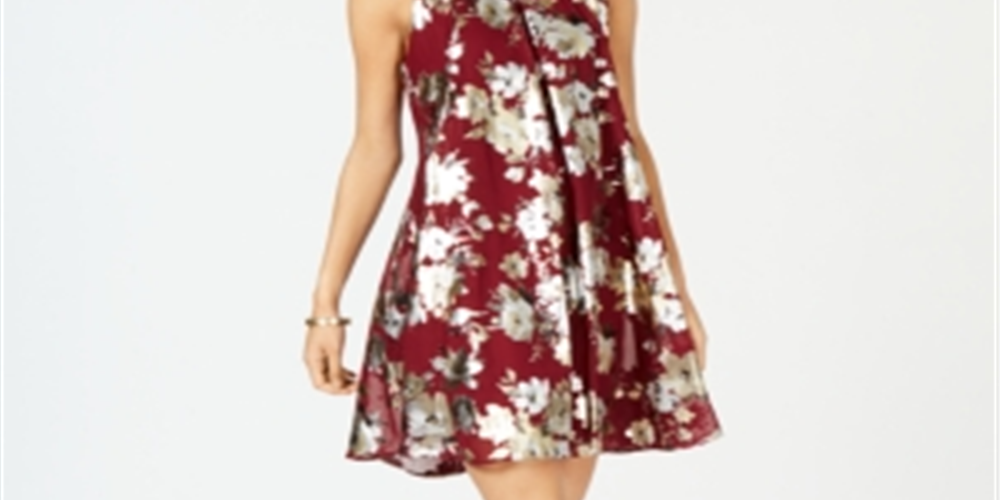 Vestido feminino Robbie Bee com estampa floral metálica e gola alta, tamanho 12, vermelho, pequeno