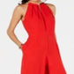 Macacão Donna Ricco Feminino Halter Decote Corrente Frente Fechada Sem Mangas Zíper Bolsos Traseiros Crepe Sólido Vermelho Tamanho 4