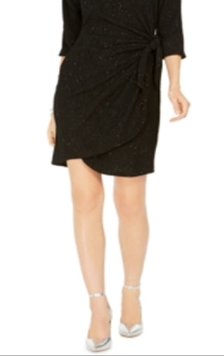 Vestido de coquetel com glitter, manga 3/4, decote joia, acima do joelho, preto, tamanho pequeno grande, Signature by Robbi Bee