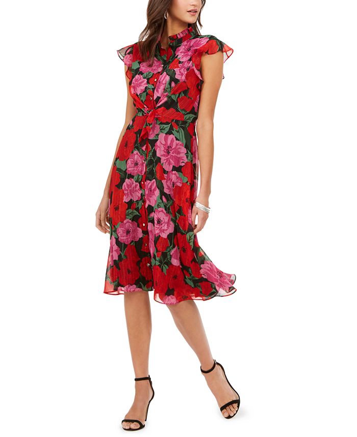 Vestido Julia Jordan Feminino com Babados, Botões Frontais e Cintura Amarrada, Vermelho, Tamanho 2